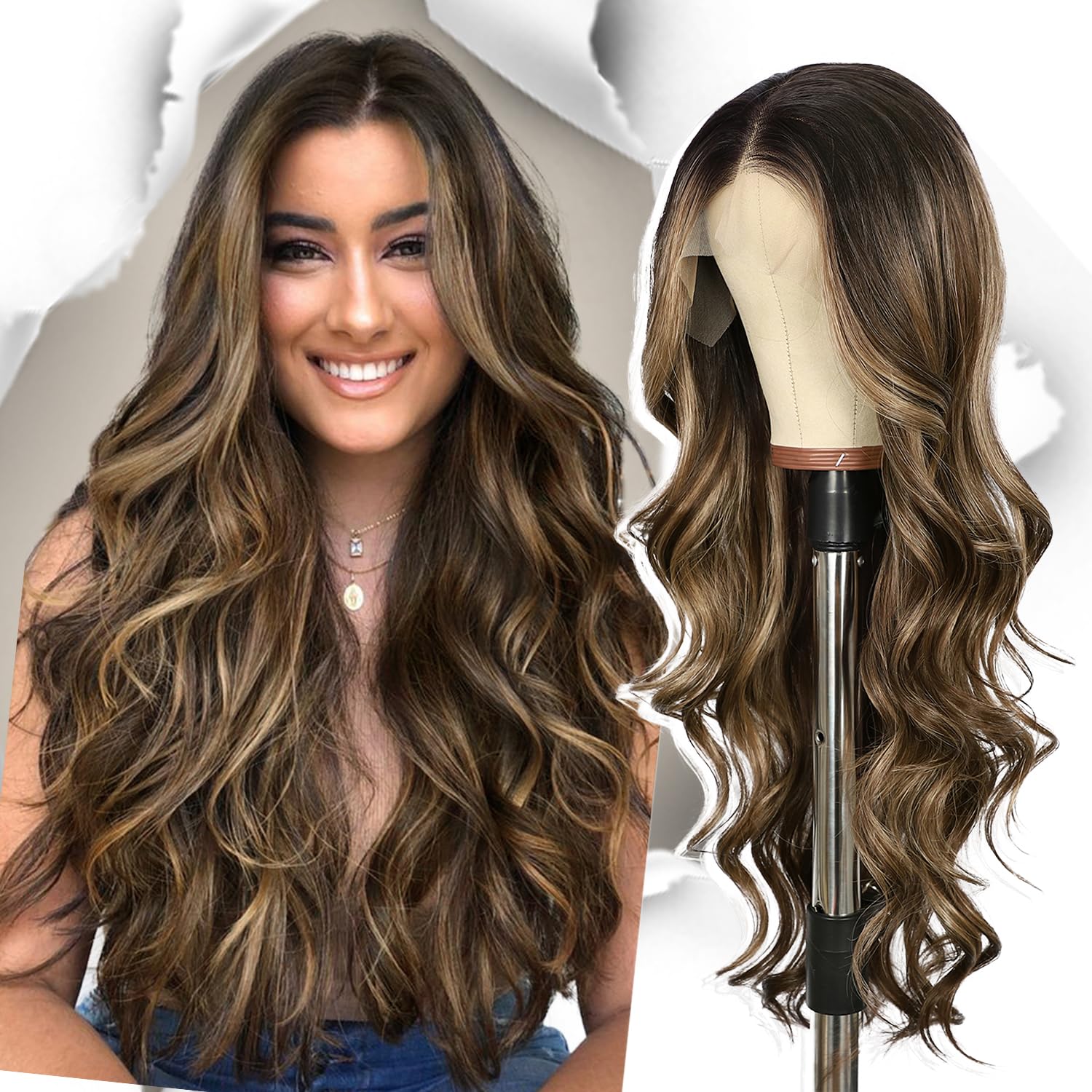 SOMIARIK Long Dark Brown Wavy Wig for Women, Transparent Lace Front Long Brown Middle Part Curly Wavy Wig Natural Looking Synthetic Heat Resistant Fiber for Daily Party Use 26 Inch