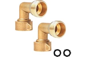 Hourleey 2 Pack 90 Degree Garden Hose Elbow Connectors, 3/4" Brass Hose Elbow with 2 Washers, Hose Adapter for RV Water Hooku