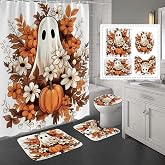 Apear1 4Pcs Fall Halloween Shower Curtain Set Ghost Pumpkin Autumn Floral Shower Curtain for Halloween Bathroom Decor with Anti-Slip Waterproof Bathtub Bathroom Rugs Toilet Lid Cover (Ghost Pumpkin)