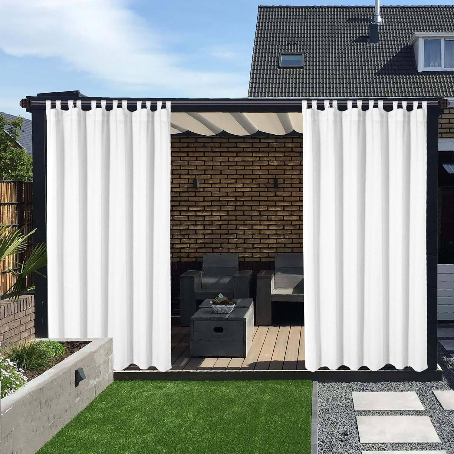Outdoor Curtains - LORDTEX Waterproof Indoor/Outdoor Curtains for Patio - Thermal Insulated, Sun Blocking Detachable Sticky Tab Top Blackout Curtains for Bedroom, Porch, Pergola, Cabana, 100 x 84 inch, 2 Panels, White