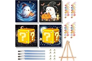 cviokrdu 4 Pack Paint by Numbers Kit for Kids with Frame-Wooden Easel, Halloween Paint by Numbers for Kids Ages 4 8 12, Easy Ghost Acrylic Oil Painting Kits for Home Wall Decoration 8x8 inch