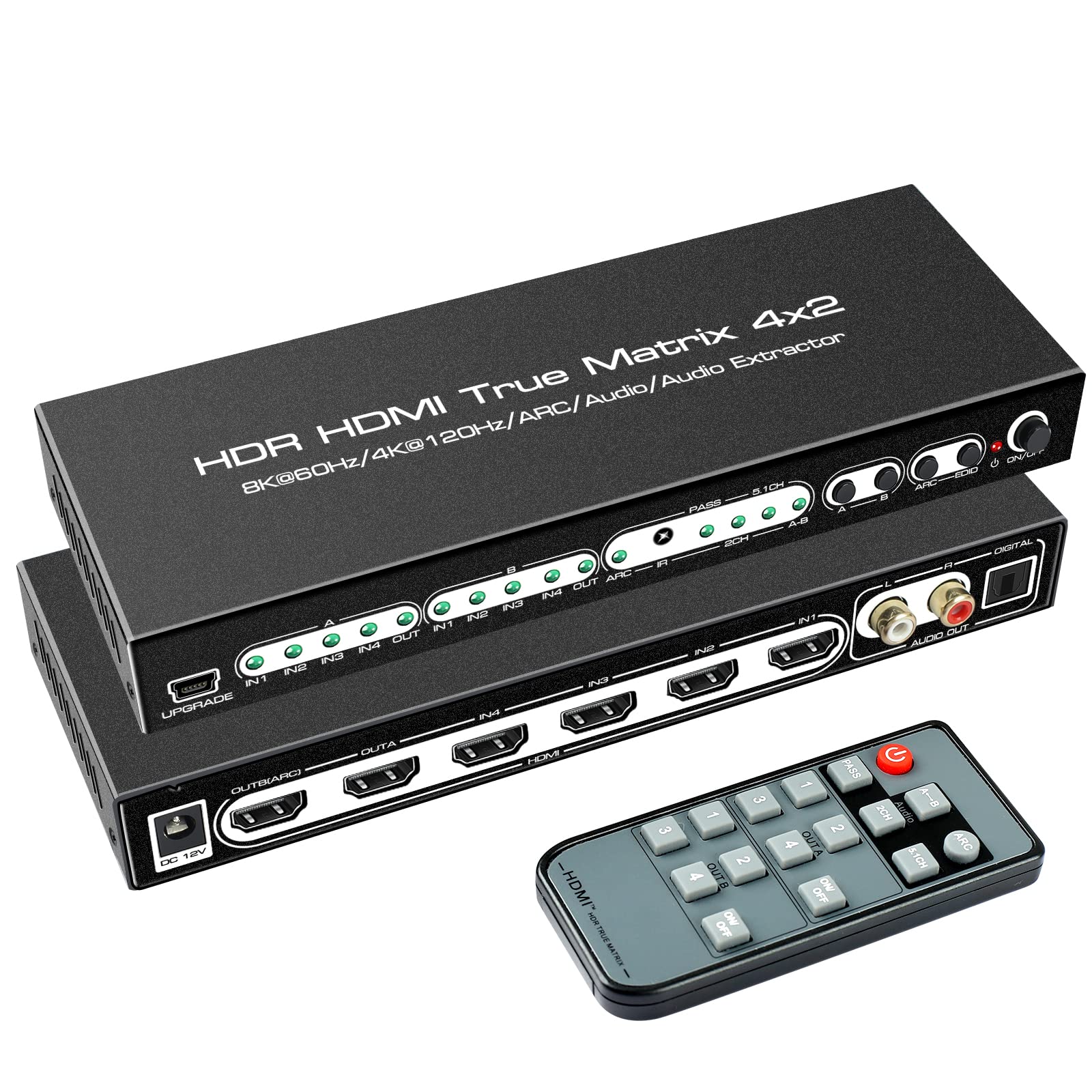 befen HDMI Matrix, HDMI 4K Matrix Switch Splitter 8K 60HZ hdmi 2.1 matrix 4X2 Switcher 4 in 2 Out 4K 120HZ with Remote Support 48Gbps HDR10 HDCP2.3 Dolby Vision Atmos SPDIF 5.1CH ARC