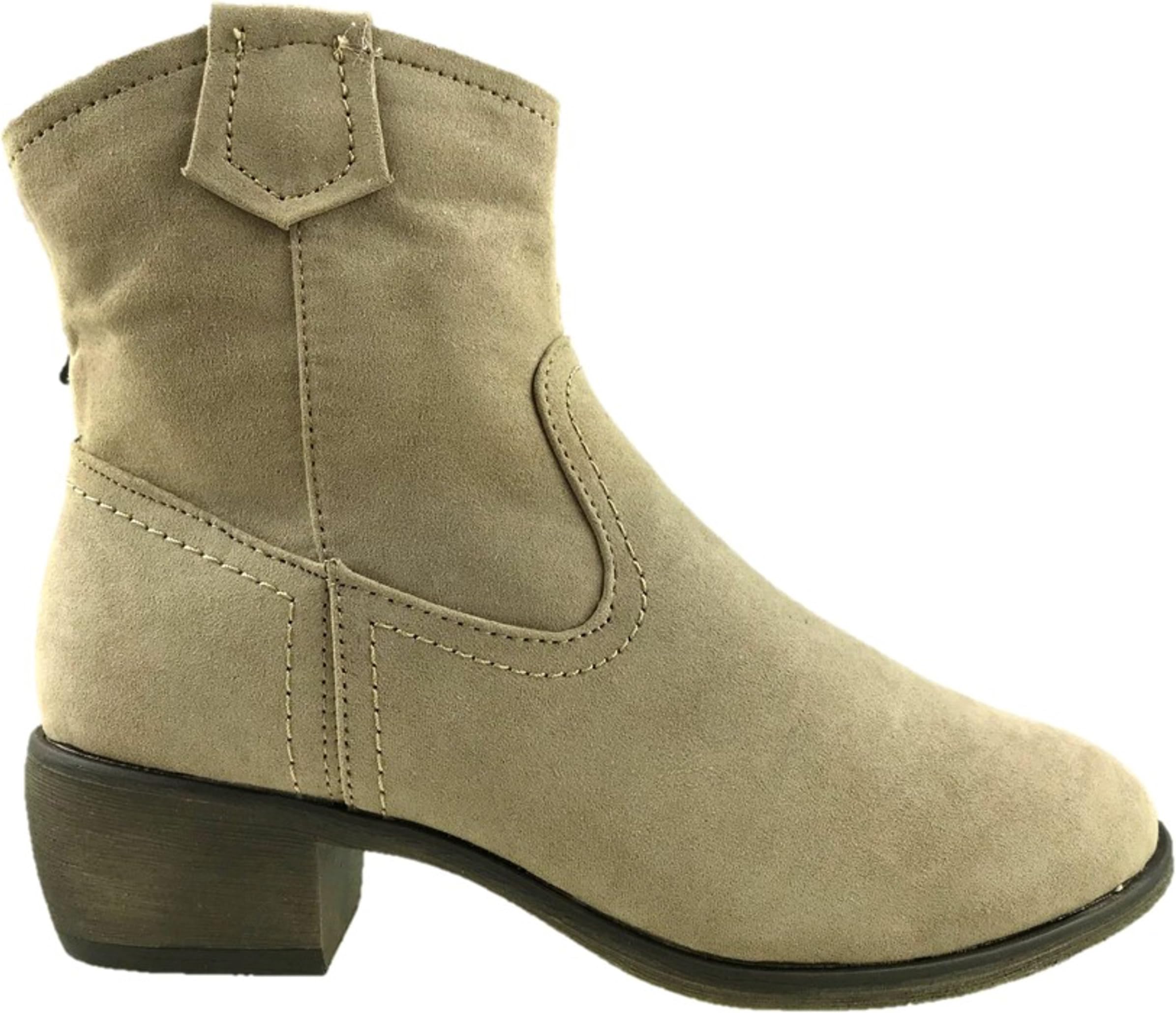Ladies Faux Suede Cowboy Ankle Boots Side Zip Warm Lined Taupe Size UK 3-8