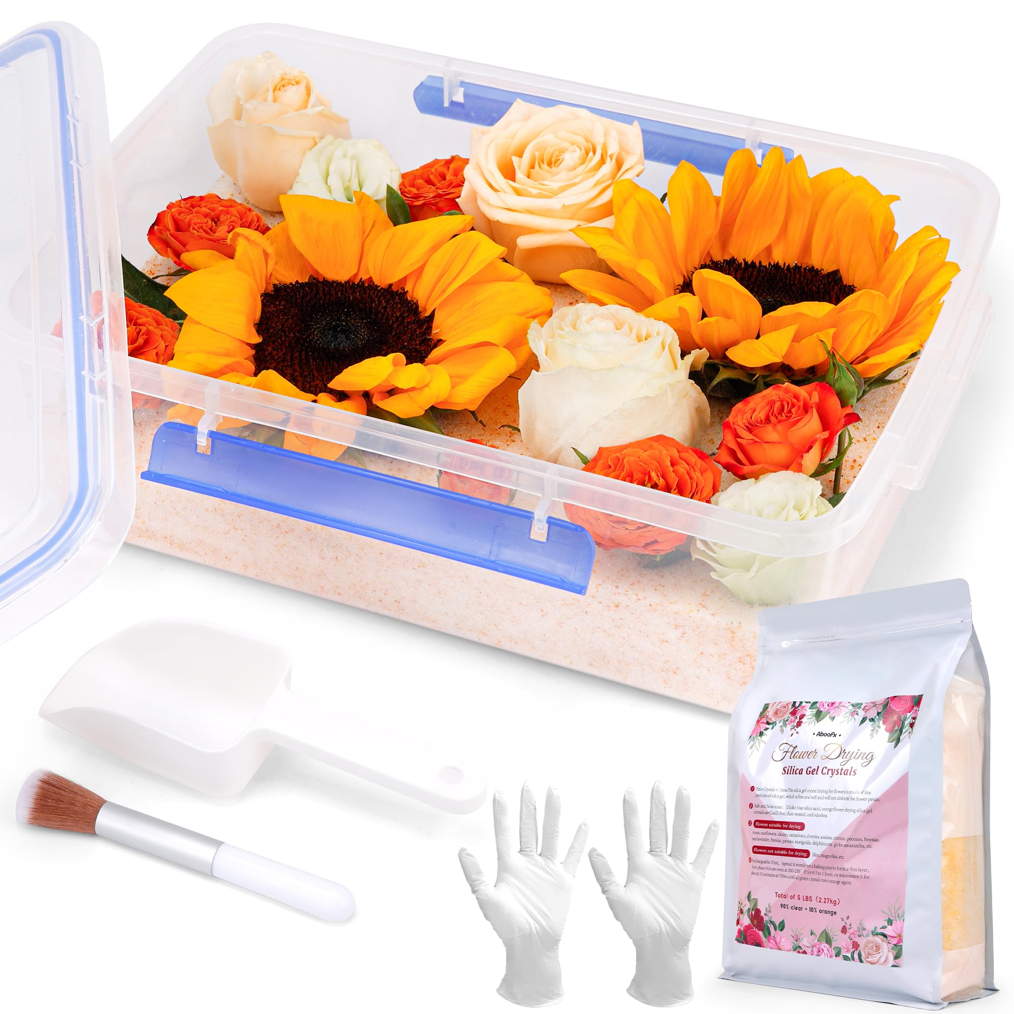 Photo 1 of Aboofx 5LBS Silica Gel Flower Drying Kit, Reusable Color Indicating Flower Drying Silica Gel Crystals with Airtight Container, Brush, Ice Scraper & Gloves, DIY Flowers Preservation Kit for Art Craft