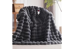 Anysay Heated Blanket Throw with 1/2/4/6/8 Hours Auto-Off 10 Heat Level, 50'' * 60'' Cozy Faux Rabbit Fur Bubble Electric Blanket with Overheat Protection(Dark Grey)