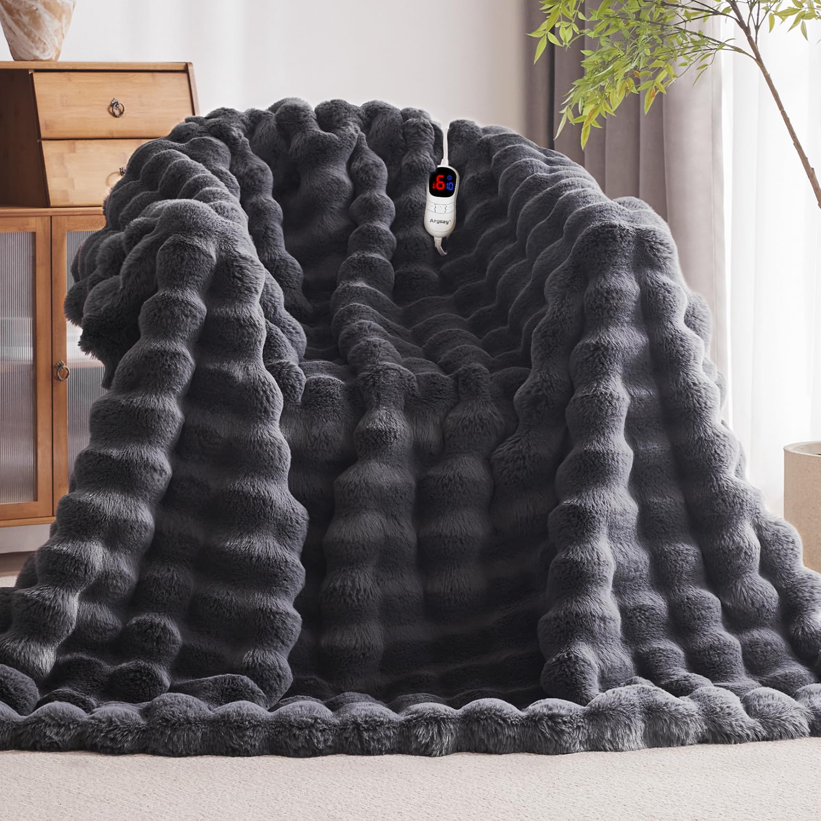 Photo 1 of Anysay Heated Blanket Throw with 1/2/4/6/8 Hours Auto-Off 10 Heat Level, 50'' * 60'' Cozy Faux Rabbit Fur Bubble Electric Blanket with Overheat Protection(Dark Grey)