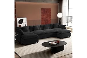 Ihanherry U-Shaped Modern Sofa 146" Modular Sectional Cloud Couch with 2 Ottoman, 6-Seat Chenille Deep Seat Sofa with 6 Pillows for Living Room, Black