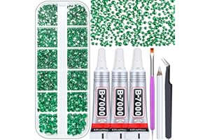 Audab B7000 Jewelry Adhesive with Rhinestones for Crafts, 2100Pcs Flat Back Gems Green Crystal Rhinestones with Tweezer Dotting Tools Gems Glue for DIY Clothes Fabric Shoes Make Up Nail Art