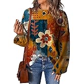Womens Sweater Fashion Printed Lantern Sleeve Crewneck Pullover Tops Plus Size Warm Soft Knitted Fall Jumpers