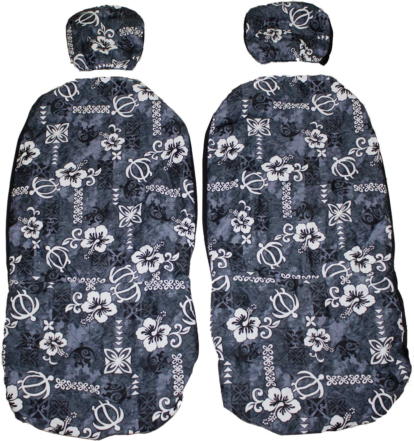 Hawaiian car seat cover with Separated Headrest, Gray Blue Tapa, Set of 2 Front Bucket Seat Covers, Made in Hawaii