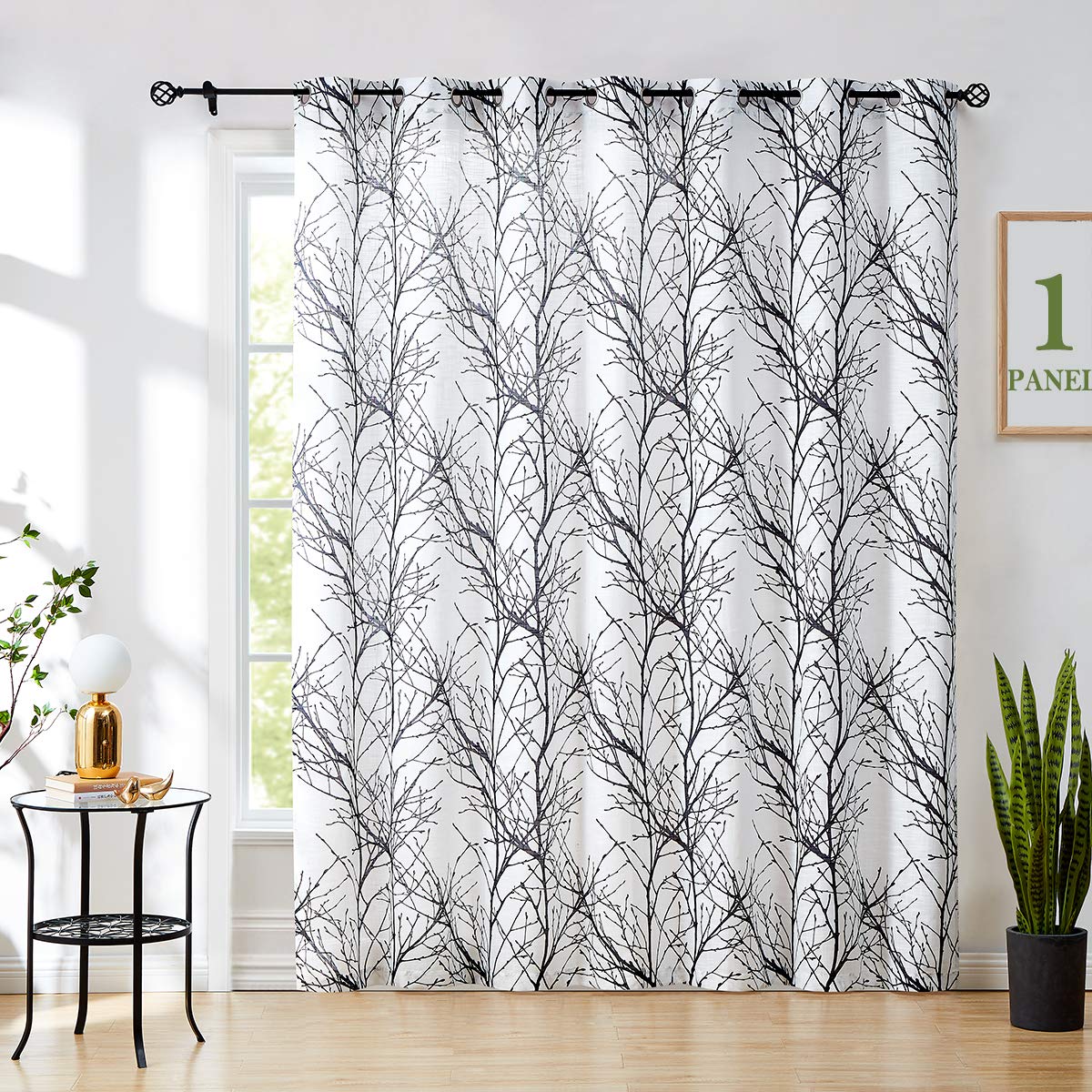 FMFUNCTEX Black White Linen Sheer Sliding Glass Door Curtain for Living Room Modern Tree Branch Print Window Curtain for Office, Light Filtering 100 Inch Extra Wide Sheer Room Divider Curtain 1 Panel