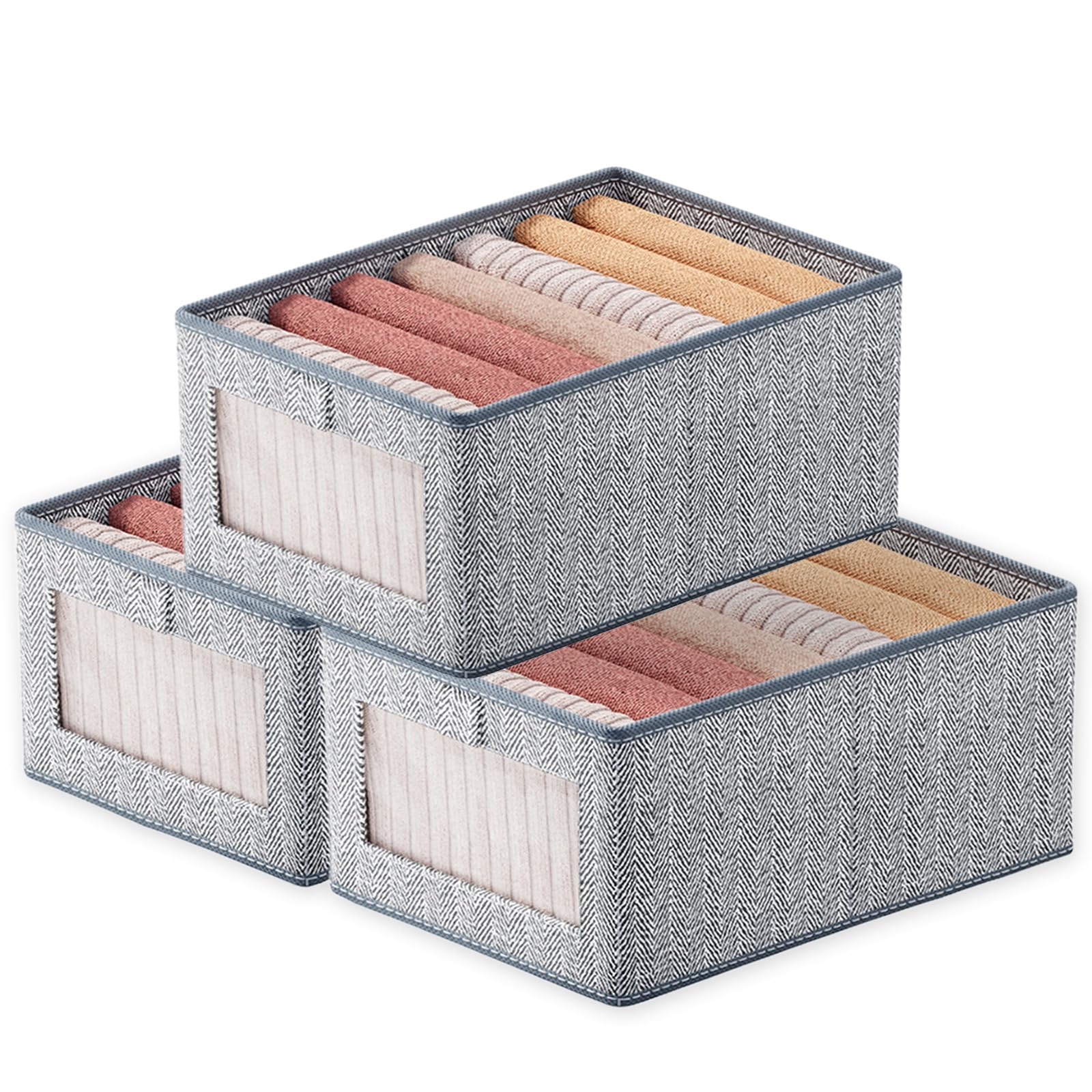 Goesort Set of 3 Clothes Storage Boxes, Wardrobe Storage Organiser Fabric Clothes Organiser, Storage Boxes with Clear Window For Jeans Pants Shirts Leggings Sweaters, Large