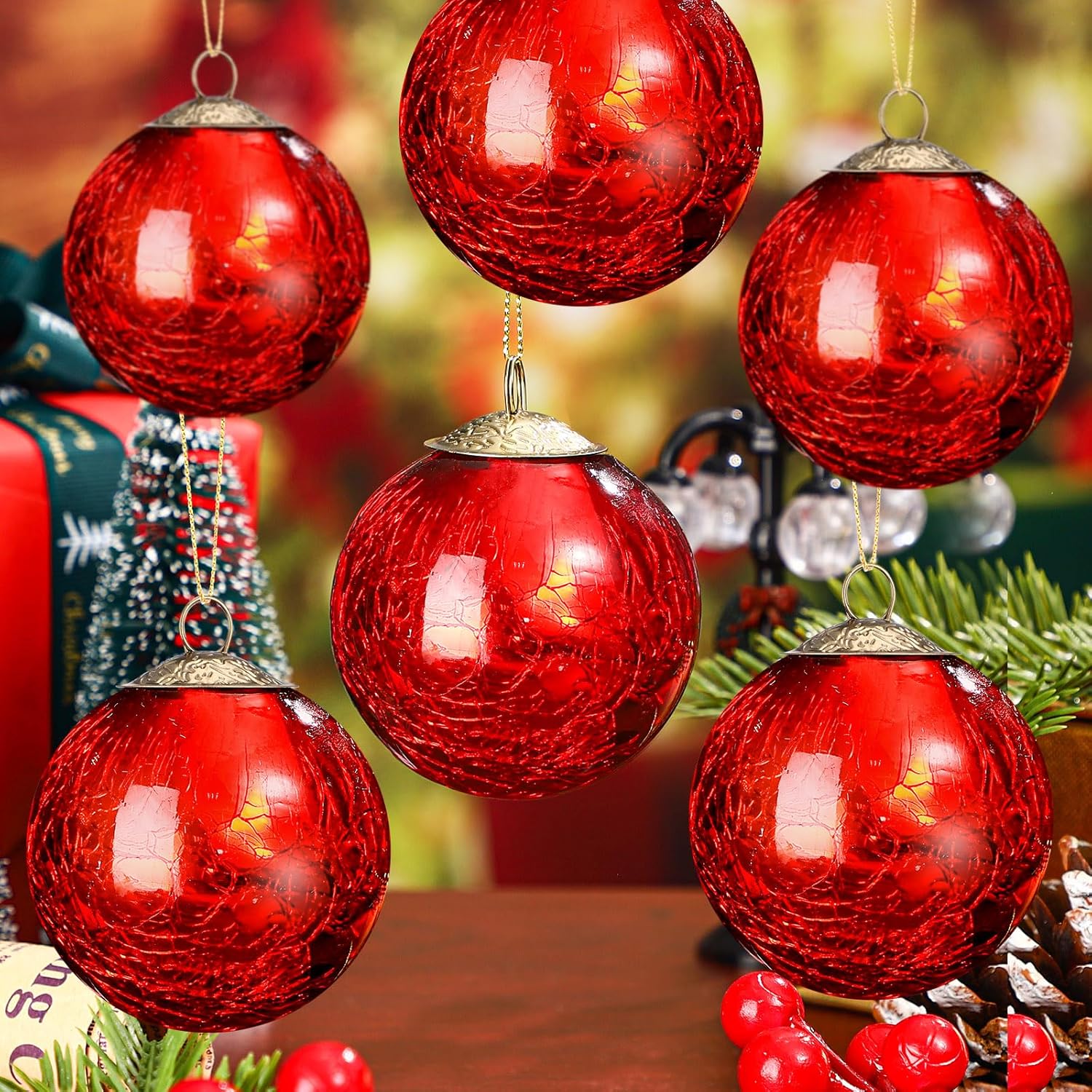 Ornaments - 6 Pieces Glass Christmas Ball Ornaments for Christmas Tree 2.4 Inch Vintage Crackle Glass Ball Decorative Glass Christmas Hanging Ornaments for Xmas Tree Decoration Winter Supplies (Red)