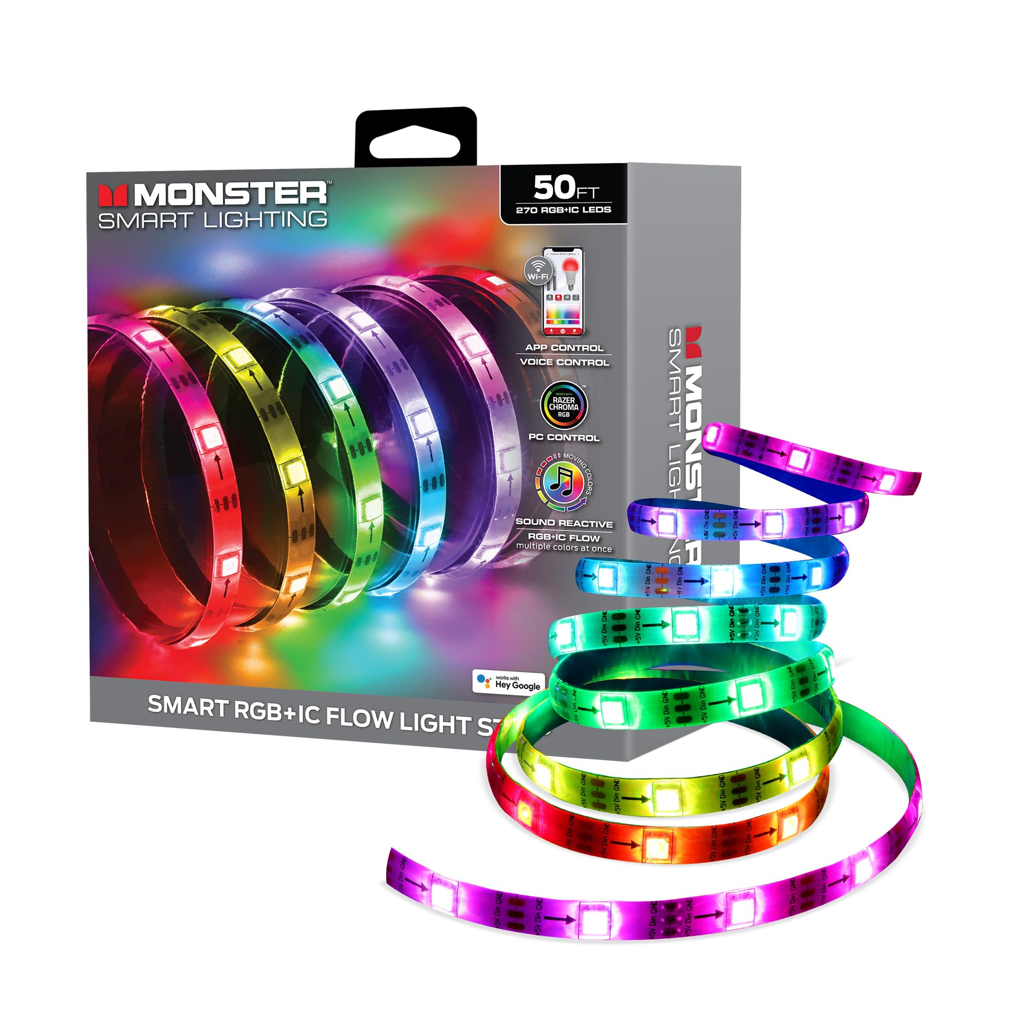 Photo 1 of Monster Smart RGB+IC LED Strip Lights 50ft – Sound Reactive Strip Lights for Bedroom, App & Voice Control, RGB Light Strip for Room, Alexa Google Home, Razer Chroma Sync - 270 RGB+IC LED Lights