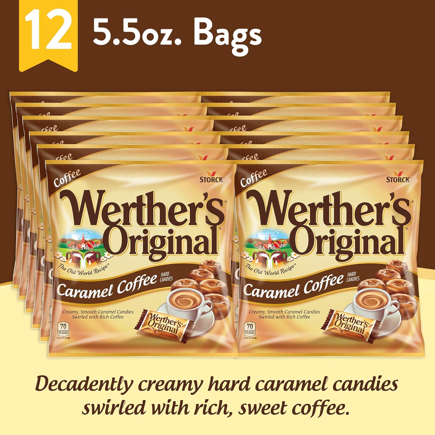 WERTHER'S ORIGINAL Caramel Coffee Hard Candy, 5.5 Ounce Bag (Pack of 12), Bulk Candy, Individually Wrapped Candy Caramels, Caramel Candy Sweets, Bag of Candy, Hard Candy Bulk : Werthers Original Caramel Cofffee Hard Candies : Grocery & Gourmet Food