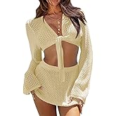 Fisoew Womens Crochet Swimsuit Coverups 2 Piece Bathing Suit Cover Up Long Sleeve Tie Front Crop Top Mini Skirt Sets