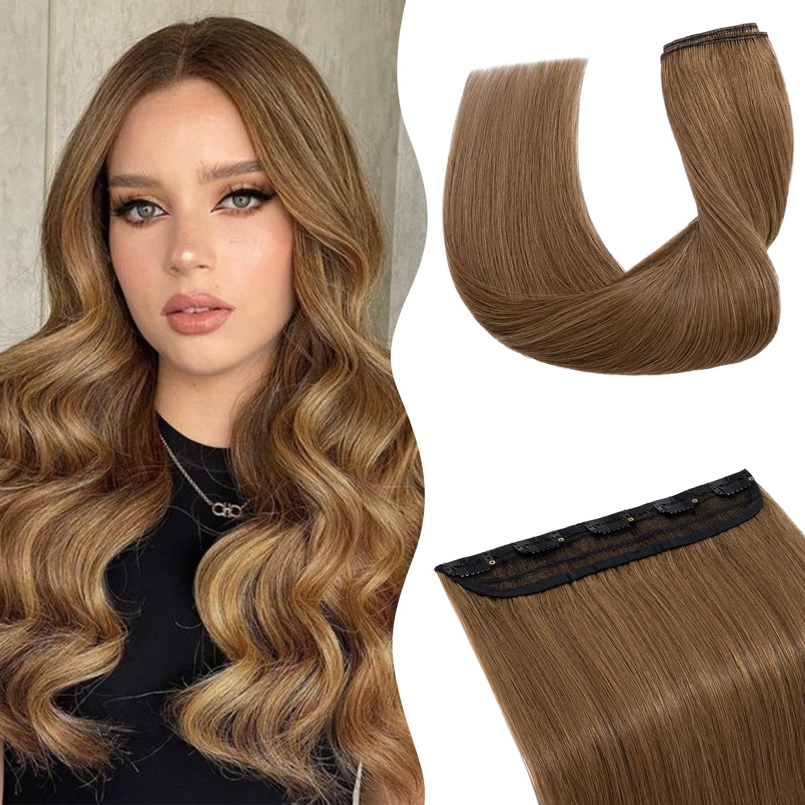 TESS Clip In Hair Extension,Hair Extensions Real Human Hair One Peice 5 Clips Straight Natural Hairpieces for Womens/Girls(#6 Light Brown,12Inch) — image 1