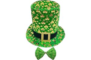 Wittocs St. Patrick's Day Shamrock Top Hat and Bow Tie Set Green Leprechaun Hat Velvet Irish Party Topper Hat for Men Women