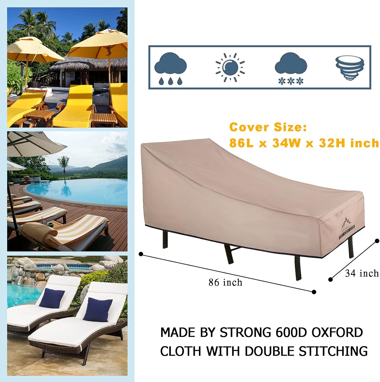 Himal Outdoors Patio Chaise Lounge Cover, Heavy Duty Waterproof 600D Polyster with Thick PVC Coating, Outdoor Chaise Lounge Cover,86L x 34W x 32H inch: Kitchen & Dining