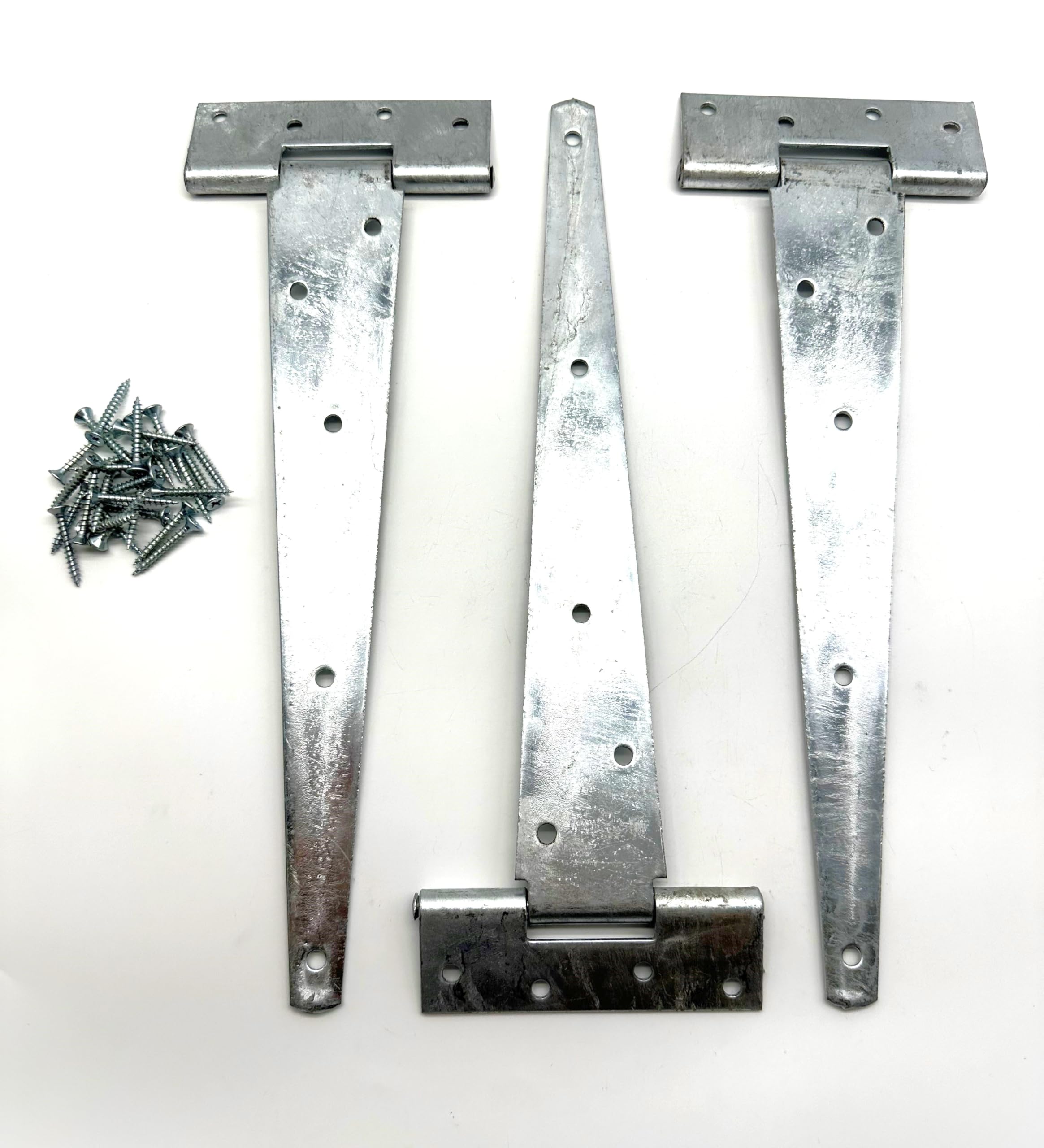 3PK Heavy Duty Hot Dipped Galvanised Tee Hinges with Fixings. Strong T-Hinges for Garden Gates, Sheds and Doors. Corrosion and Weather Resistant External Hinge Pack of 3 with Screws.