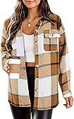 HOTOUCH Womens Flannel Plaid Shacket Jacket Button Down Tartan Trench with Pocket Long Sleeve Cropped Fashion Coat S-XXL