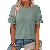 PRETTYGARDEN Summer Tops for Women 2026 Lace Short Sleeve T-Shirts Casual Blouses Spring Fashion Clothes Vacation Outfits