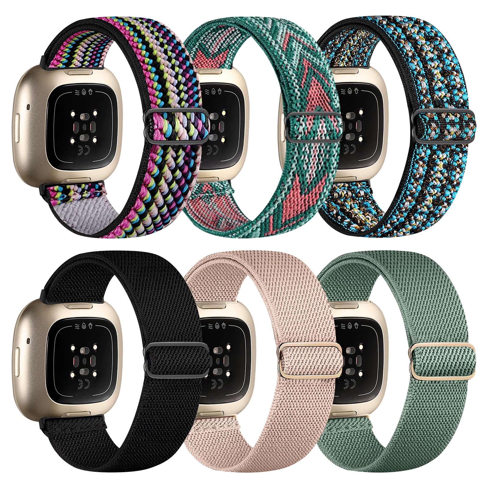 Chinbersky 6 Pack Nylon Sport Band Compatible with Fitbit Versa 3/4 and Sense/Sense 2 - Soft Adjustable Stretch Strap for Men and Women