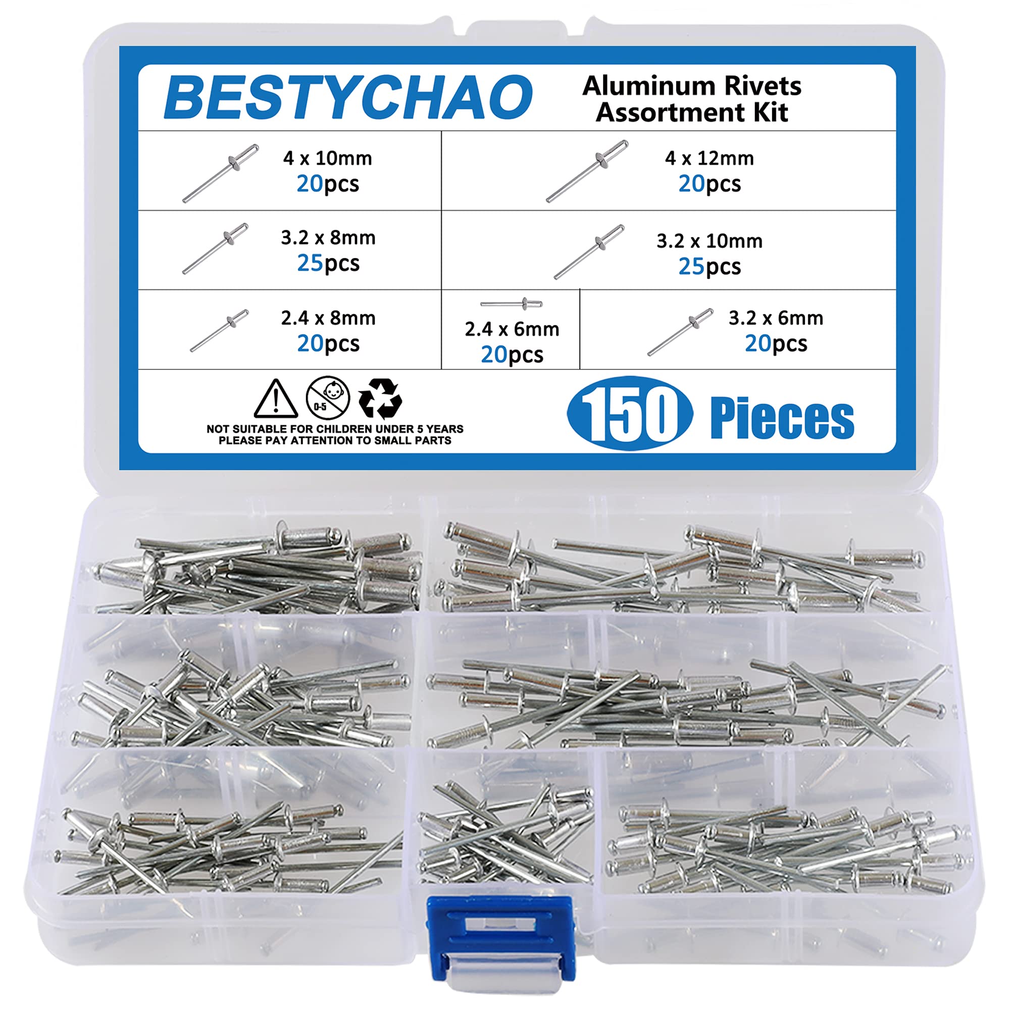 BESTYCHAO 150pcs 7 Sizes Aluminum Blind Rivets, Pop Rivets Assortment Kit