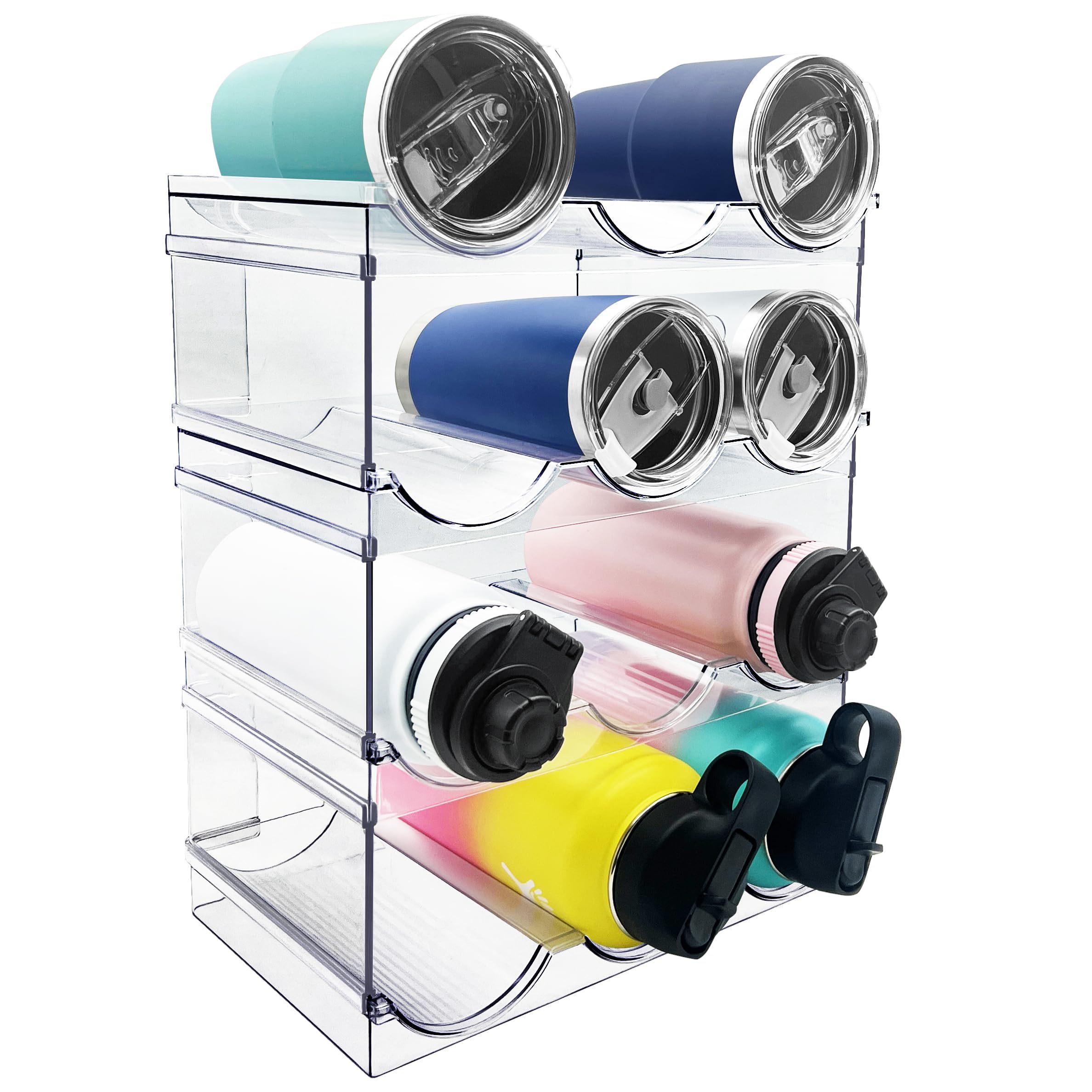 Water Bottle Storage Organiser for Cupboard, Stackable Rack for Fridge Pantry, Plastic Holder for Travel Mug, Tumbler, Thermos Flask
