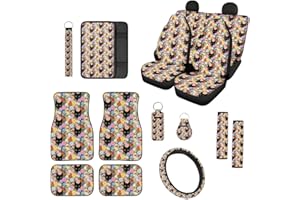 Xoenoiee 15 Pieces Cat Flower Print Car Accessories Universal Auto Seat Covers Full Set Includes Car Floor Mats Steering Wheel Cover Seat Belt Pads Armrest Pad Keychains