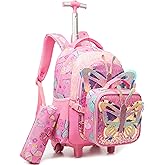 Meetbelify Rolling Backpack for Girls Backpacks with Wheels for Elementary Preschool Students 3 in 1 Carry on Travel Luggage Kids Suitcase with Lunch Box Pencil Case for Girls Age 8-10