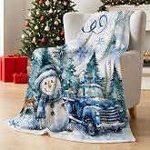 cusugbaso Snowman Christmas Throw Blanket for Couch Bed Soft Cozy Gifts | 50x60 inch Warm Fleece Blanket | Blue Snow Scenery Truck Elk Trees | Christmas Decorations Indoor Lightweight