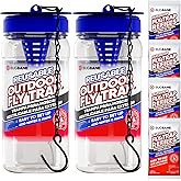 2 Fly Traps Outdoor Fly Trap for Patio with 4 Non-Toxic Dissolvable Bait Refills. Reusable Hanging Bug Catcher Killer for All Filth Flies for Outside Bug Control Yard Ranch. Hanging Chains Included.