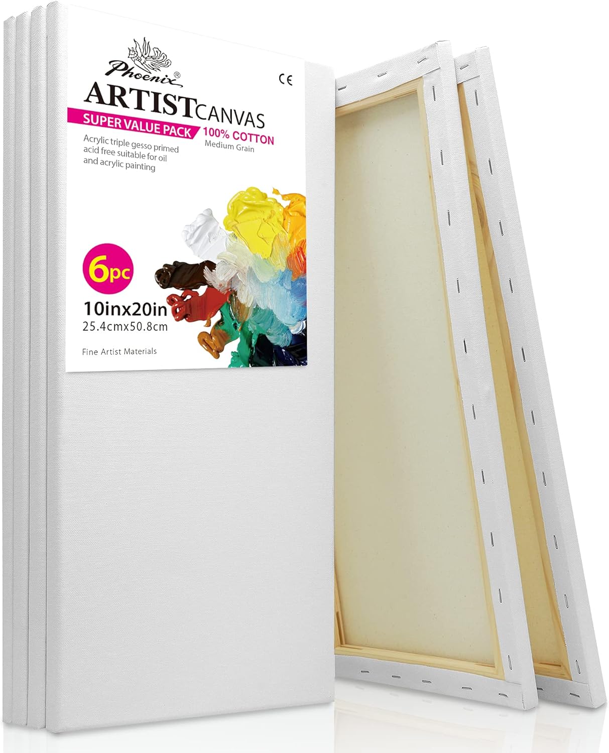 PHOENIX White Blank Cotton Stretched Canvas Artist Painting - 10x20 Inch / 6 Pack - 5/8 Inch Profile Triple Primed for Oil & Acrylic Paints: Arts, Crafts & Sewing