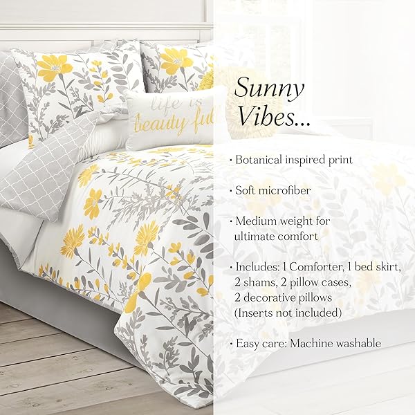 LUSH DECOR APRILE SOFT REVERSIBLE FLORAL COMFORTER SET, 8 PIECE SET, KING, YELLOW & GRAY – FLORAL BEDDING SET – KING SIZED COMFORTER – YELLOW BEDDING – SPRING HOME DECOR – COTTAGE – FARMHOUSE