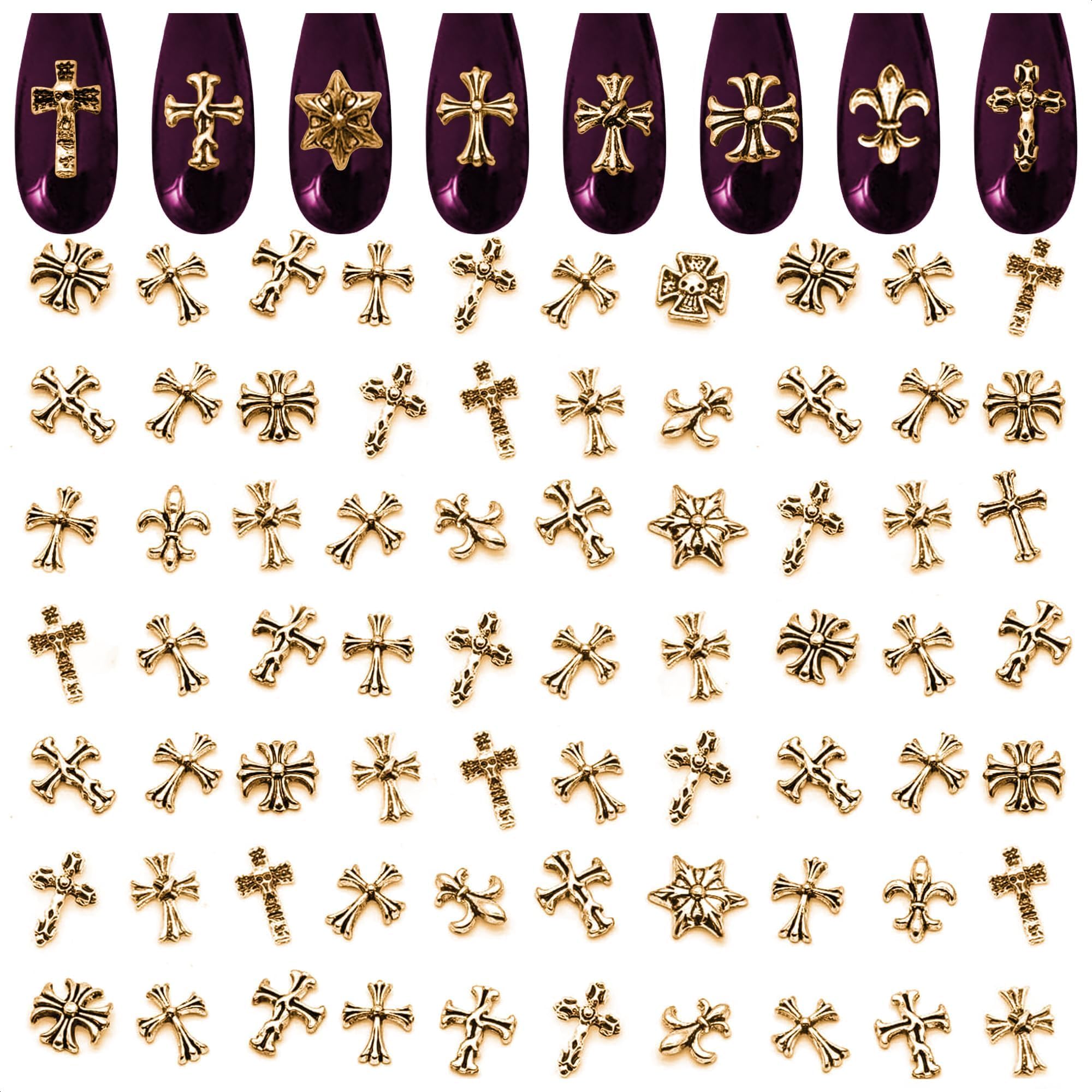 Photo 1 of 100 Pcs Gold Cross Nail Charms and Gems – 3D Gold Nail Charms Crosses, Made from Acrylic & Metal Alloy for Y2K DIY Designs – Durable and Easy-to-Apply Accessories for Creative Eye-Catching Manicures