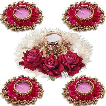 HomeSquare Red Floral Tealight Holder Diwali Diya - Set of 5