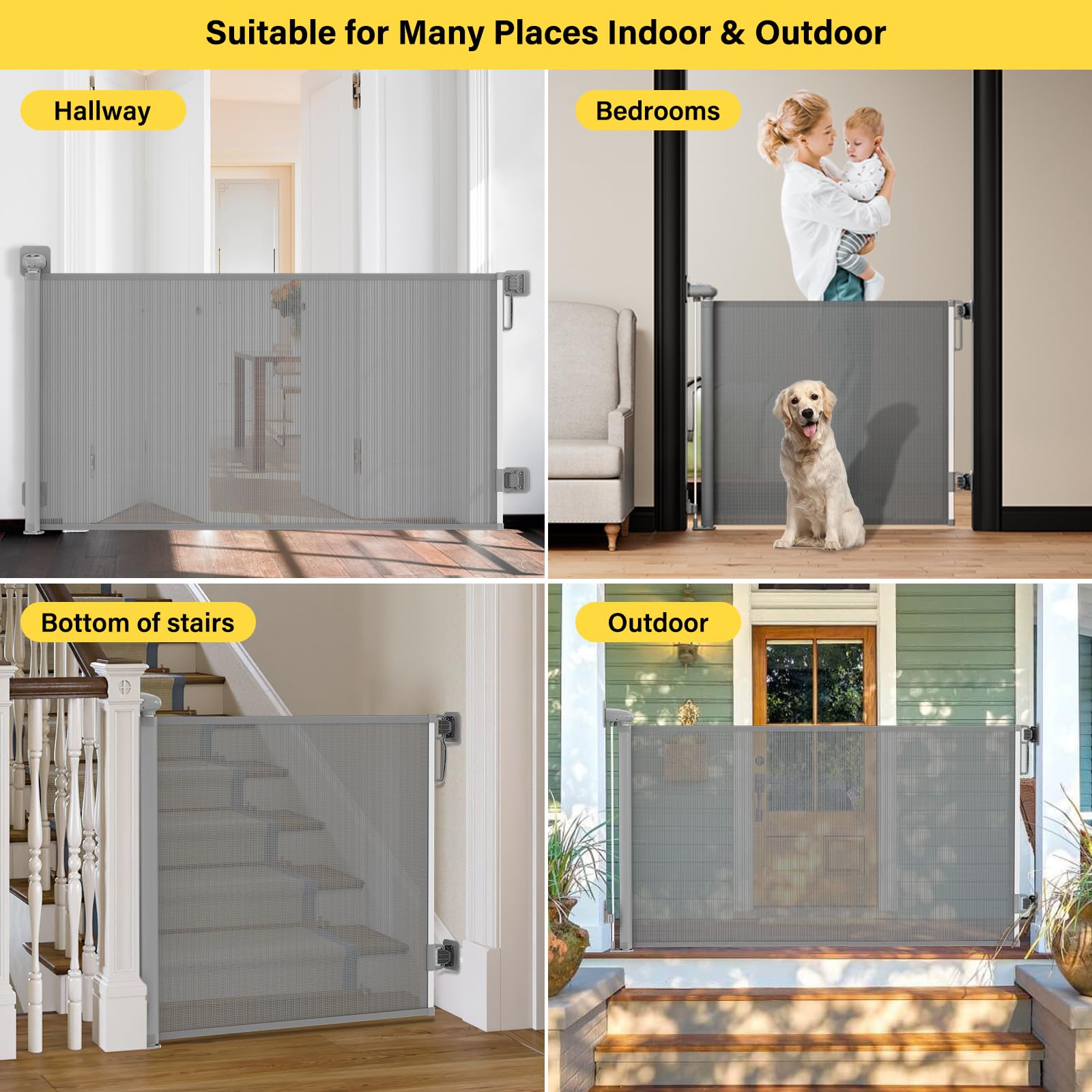 Babepai Baby Gate for Stairs No Drill, Punch Free Retractable Baby Gates Extends to 54