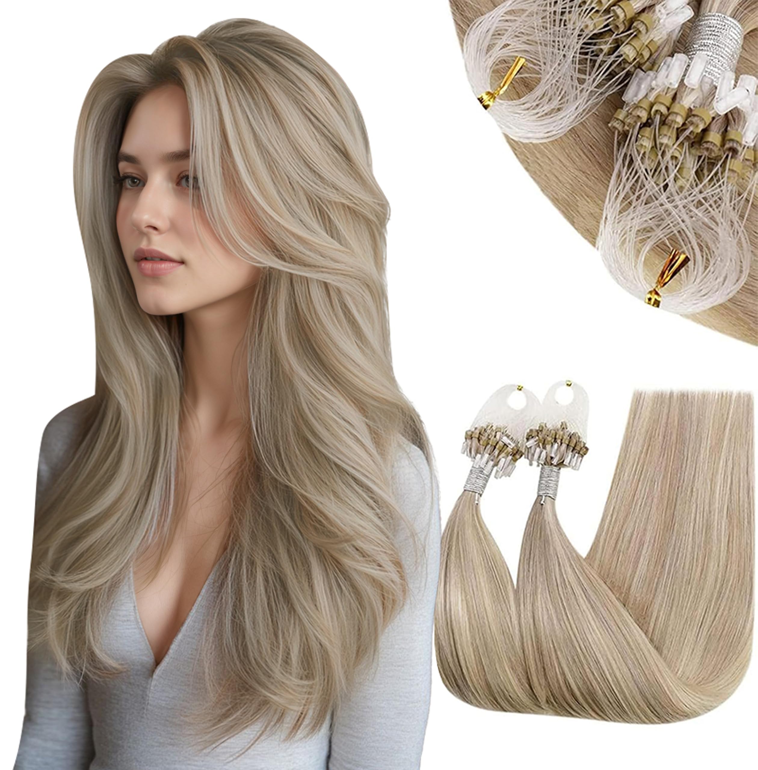 RUNATURE 16 Inch Micro Beads Hair Extensions Blonde Highlight Ash Blonde Micro Ring Hair Extensions Human Hair Blonde 50g/50s #18P613 — image 1