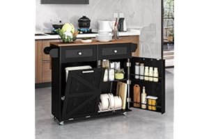 Giantex Kitchen Island with Trash Can Storage & Drop Leaf, Rolling Island Table with 2 Drawers, Spice/Towel Rack, Cabinet, Ba
