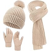 Geyoga 3 Pcs Winter Beanie Hat Scarf Gloves Set Warm Winter Knit Hats with Pom Long Scarf Touchscreen Gloves for Women Men