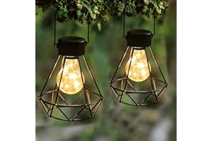 MAGGIFT 2 Pack Hanging Solar Lights, Outdoor Solar Powered Tabletop Lanterns with 15 LED Copper Lights Blub, Waterproof Solar Lantern with Handle for Yard, Lawn, Patio, Garden Decoration, Warm White