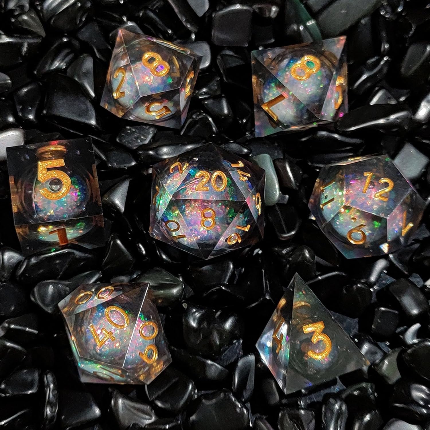 ORUZA 7 PCS Liquid Core DND Dice Resin Sharp Edge Dice Polyhedral D&D Dice Set for Dungeons and Dragons RPG MTG Table Games (Liquid Quicksand Black Gold) β image 1