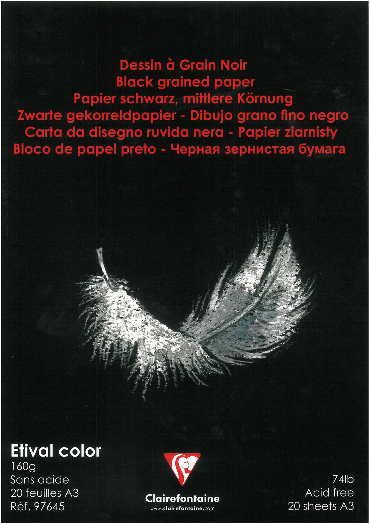 Clairefontaine - Ref 97645C - Etival Colour Black Grained Glued Paper Pad (20 Sheets of Paper) - A3 (42 x 29.7cm), 160gsm Cellulose Art Paper, Grained Texture