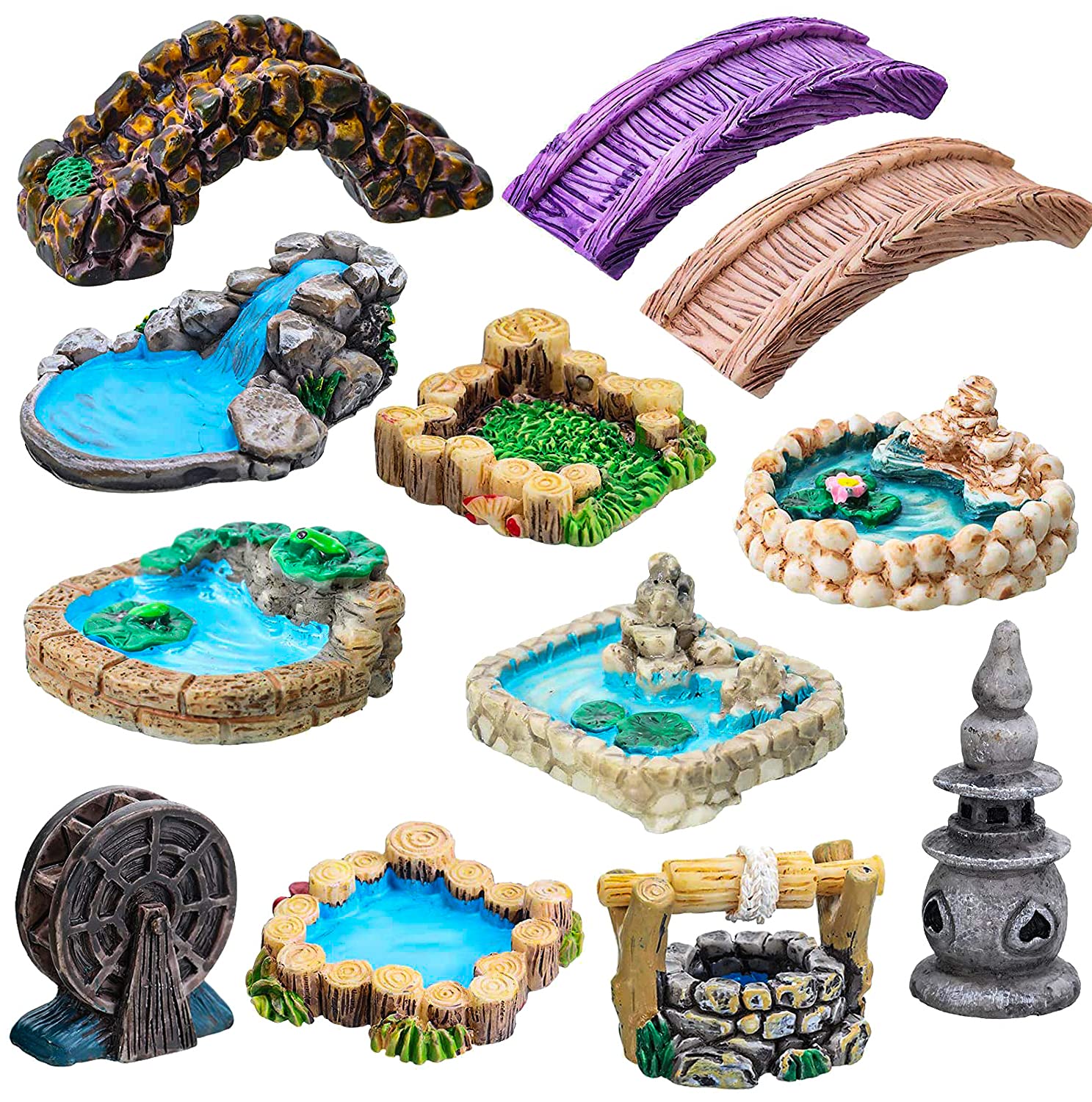 12 PCS Miniature Fairy Garden Accessories,Miniature Pond Lawn Garden Ornament Figurines, Mini Lighthouse Water Well Bridge Figurines, Micro Landscape Ornaments for Garden DIY Kit