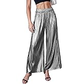 heipeiwa Women's Metallic Wide Leg Palazzo Pants Rib Pleated Raw Hem Party Club Sequin Slacks Pant