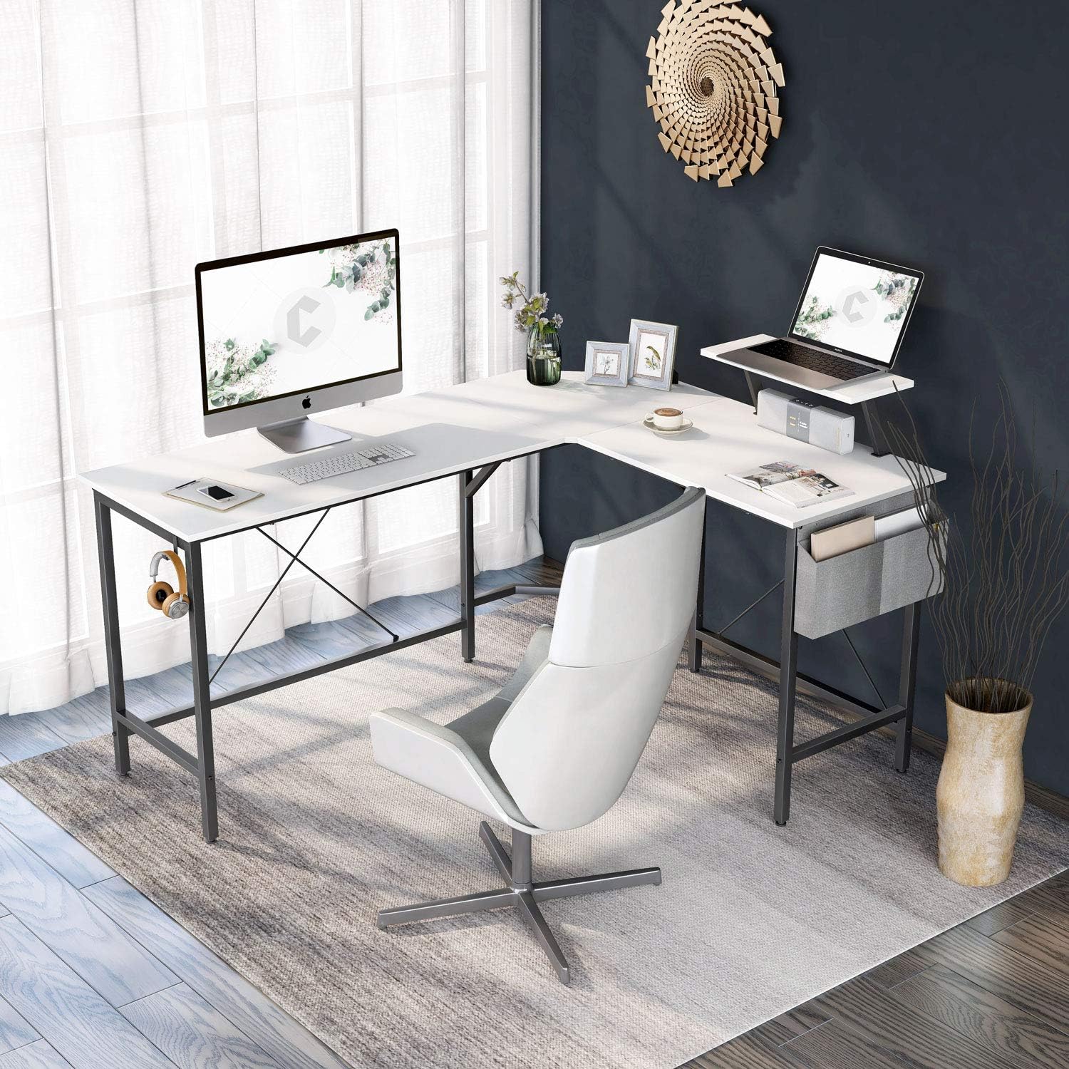 Cubiker Modern L-Shaped Computer Office Desk, Corner Gaming Desk with Monitor Stand, Home Study Writing Table Workstation for Small Spaces, White: Kitchen & Dining
