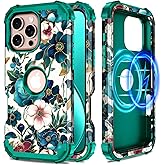 Hekodonk for iPhone 16 Pro Max Case Magnetic,[Compatible with MagSafe] Floral Three Layer Heavy Duty Drop Shockproof Full Protective Women Girls Case for Apple iPhone 16 Pro Max 6.9 inch,Green
