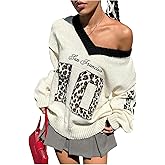 SweatyRocks Women's Oversized Sweaters Leopard Number Print V Neck Y2k Jersey Knit Sweater Pullovers Top