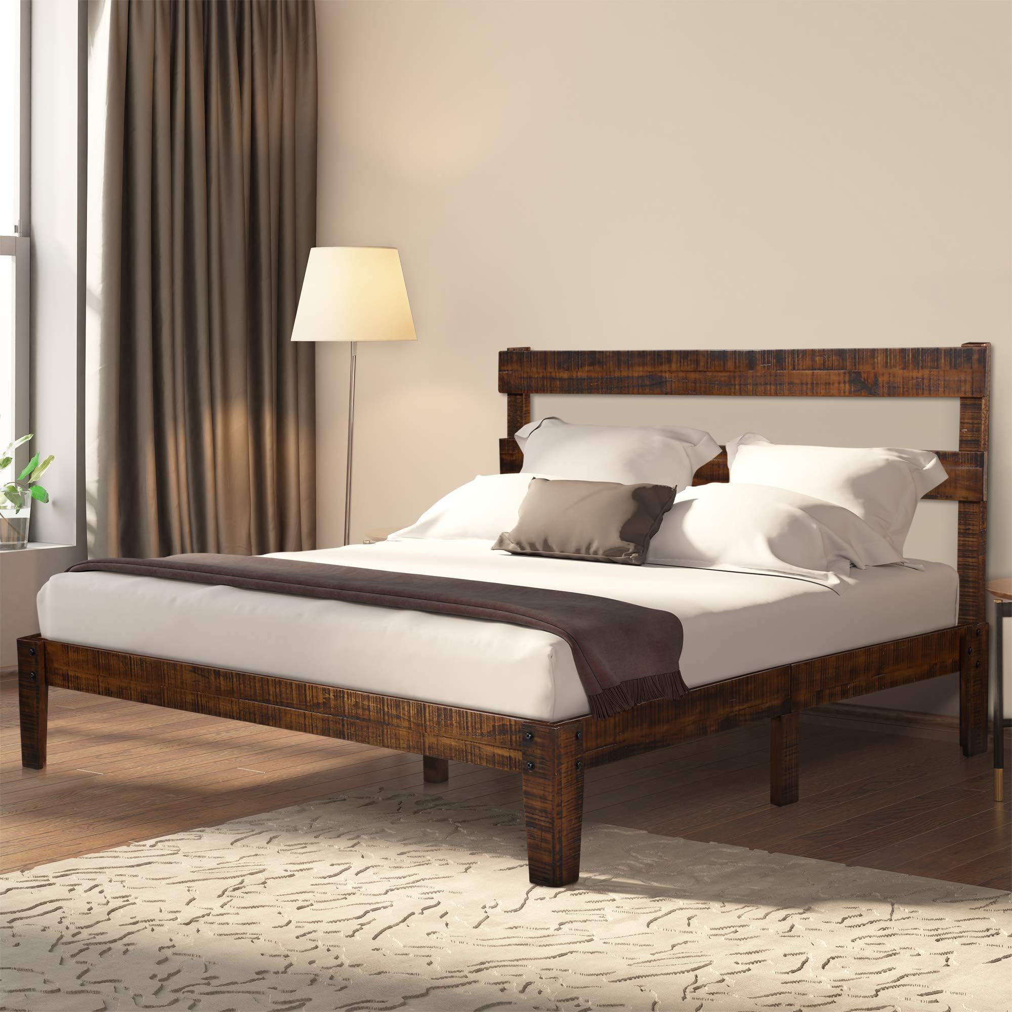 Ecos Living 12 Inch High Rustic Solid Wood Platform Bed Frame with Headboard/No Box Spring/No Squeak (Brown, Queen)